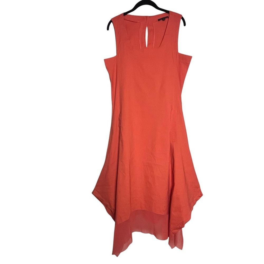 For Cynthia Linen Blend Coral Asymmetrical Sleeveless Square Neck Dress — L